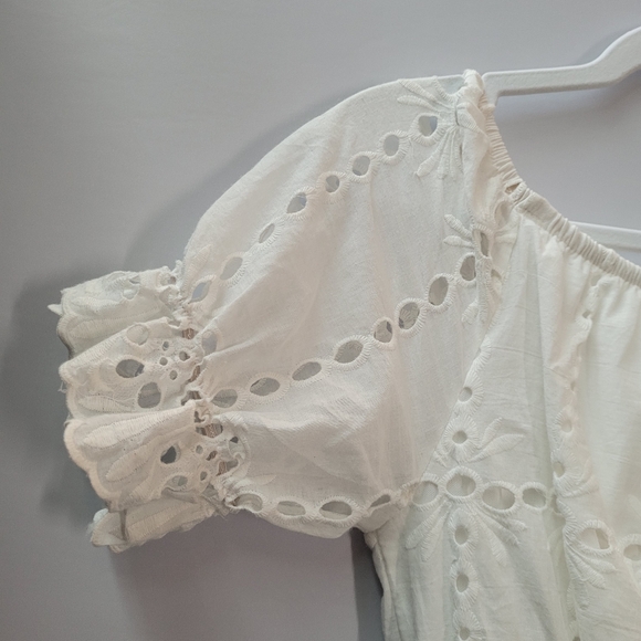 Eyelet Lace Puff Sleeve Midi Dress Cottagecore Korean Romantic White XS - Picture 5 of 13